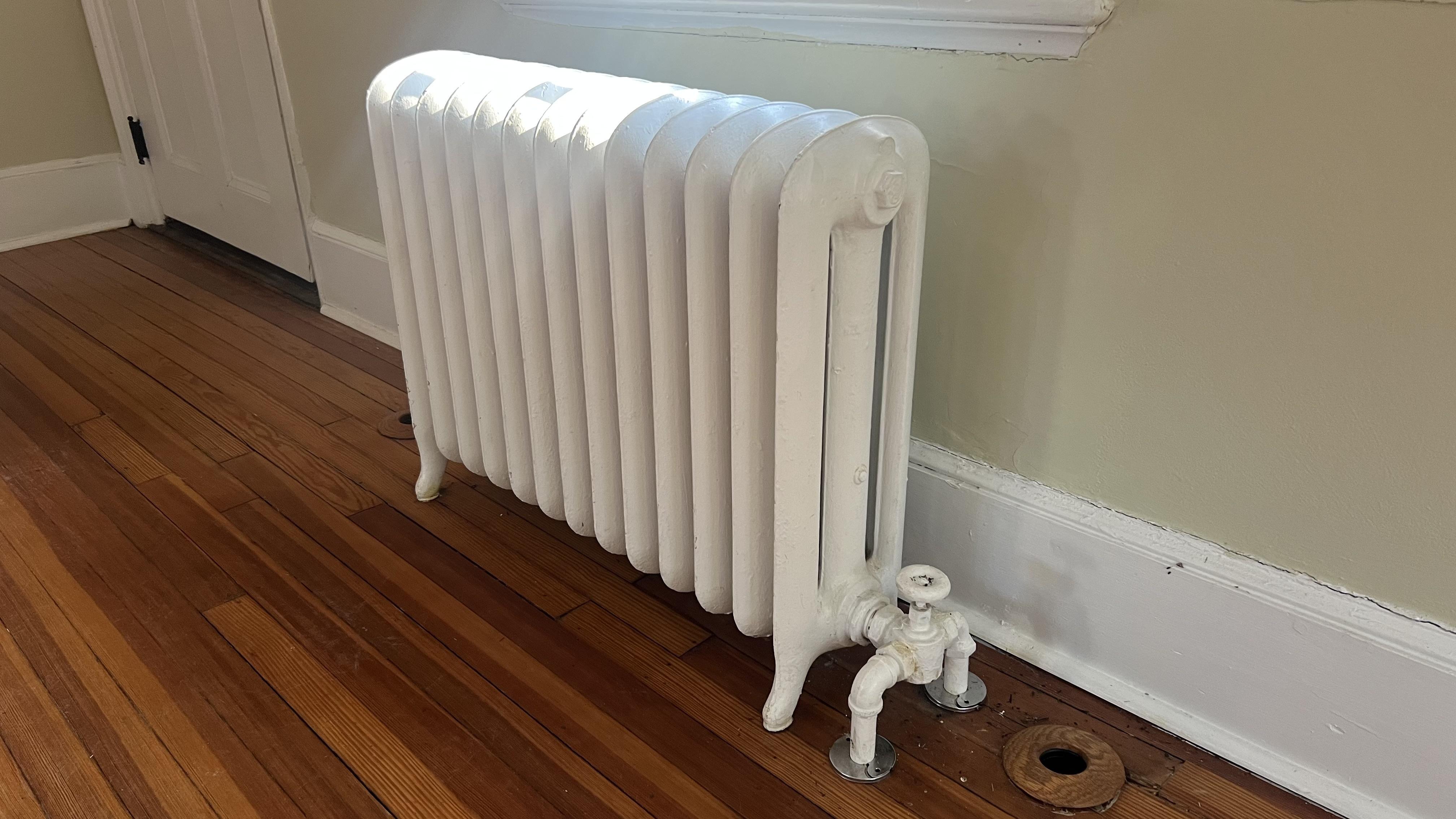 Copper piping and a circulator pump on a residential hydronic boiler system