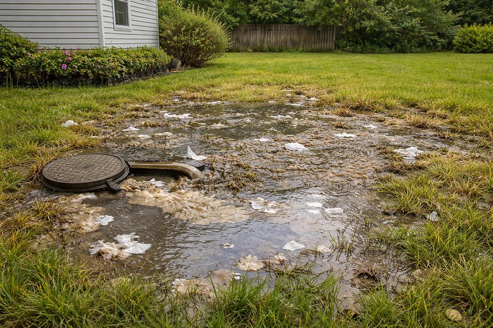 A residential septic tank being inspected in a sandy yard