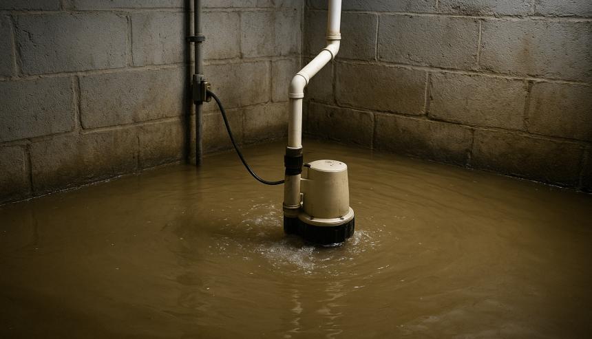 A sump pump in a basement pit surrounded by water